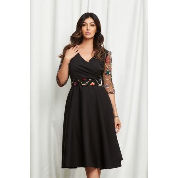 Rochie Ella Collection Adria neagra cu broderie pe maneci si cordon in talie