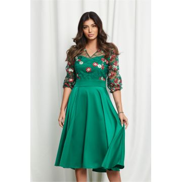 Rochie Ella Collection Maya verde cu broderie colorata pe bust