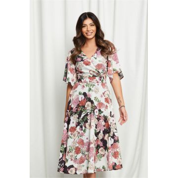 Rochie Isaura ivory cu imprimeu floral roz