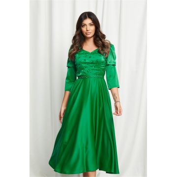 Rochie Lidia verde cu flori 3D si perle pe bust