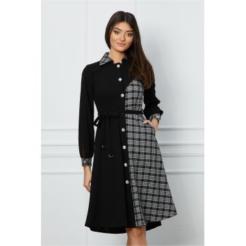 Rochie Moze neagra cu carouri gri si cordon in talie
