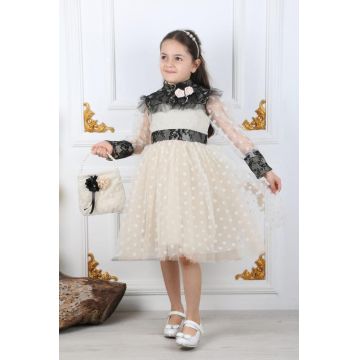 Rochita Crem, Eleganta, cu Bulinute si Dantela, Pentru Fetite, 4-12 ani