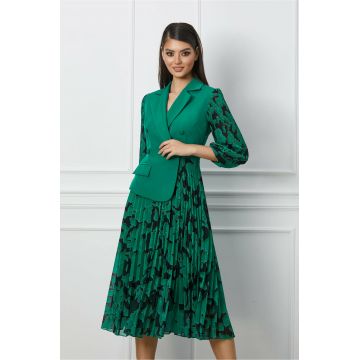 Rochie Adina verde cu imprimeuri negre si bust tip sacou