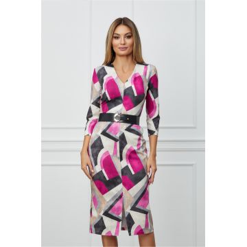 Rochie Alina bej cu imprimeu fucsia si curea in talie