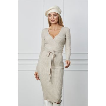 Rochie Alma bej din tricot cu decolteu petrecut si cordon in talie