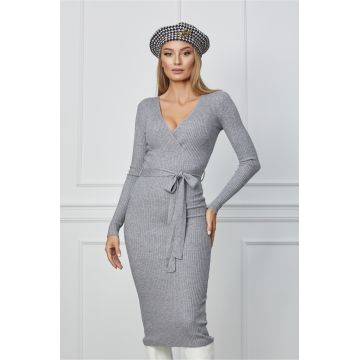 Rochie Alma gri din tricot cu decolteu petrecut si cordon in talie