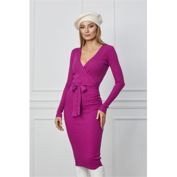 Rochie Alma magenta din tricot cu decolteu petrecut si cordon in talie