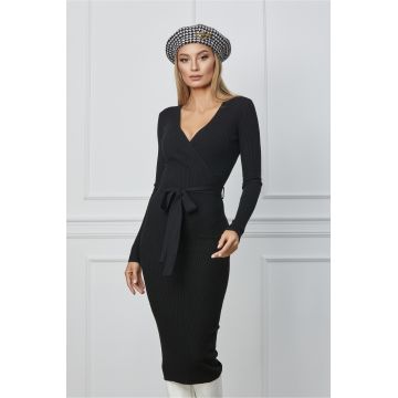 Rochie Alma neagra din tricot cu decolteu petrecut si cordon in talie