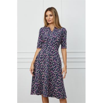 Rochie Amalia bleumarin cu imprimeuri florale roz-fucsia