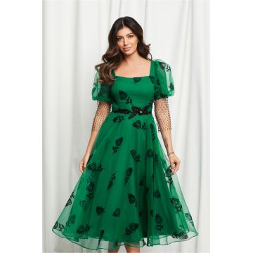 Rochie Aurora verde din organza cu insertii catifelate negre