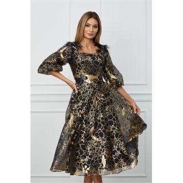 Rochie Beatrice neagra cu imprimeuri aurii si curea in talie
