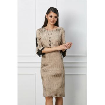Rochie Camelia bej cu buline si dantela pe maneci