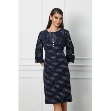 Rochie Camelia bleumarin cu buline si dantela pe maneci
