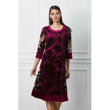 Rochie Carolina magenta din tull cu insertii catifelate
