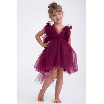 Rochie de ocazie din tul grena cu aplicatii florale pe umeri pentru fetite 2 ani (86-94 cm)