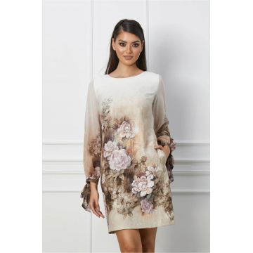 Rochie Dora ivory cu bej in degradee si imprimeu floral