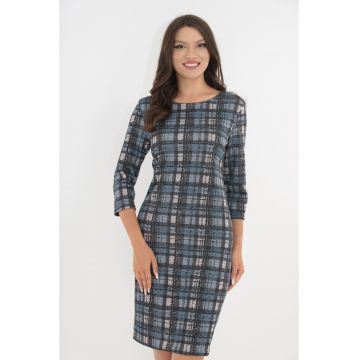 Rochie dreapta cu print in carouri albastre-gri