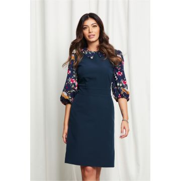 Rochie Dy Fashion bleumarin cu imprimeuri florale rosii pe guler si maneci