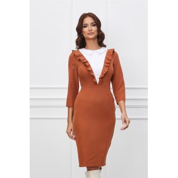 Rochie Dy Fashion camel cu volanas si nasturi la bust