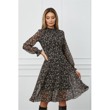 Rochie Dy Fashion neagra cu imprimeuri florale si guler incretit