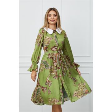 Rochie Dy Fashion olive cu imprimeu maro si guler alb