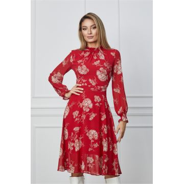 Rochie Dy Fashion rosie cu imprimeuri florale si guler incretit