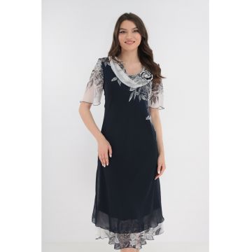 Rochie eleganta bleumarin cu bordura florala alb-gri