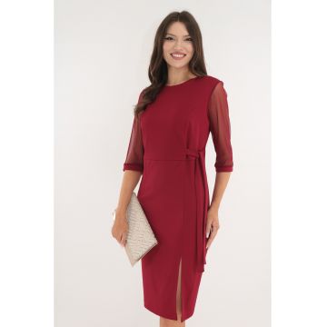 Rochie eleganta bordo cu maneci din tulle si cordon in talie