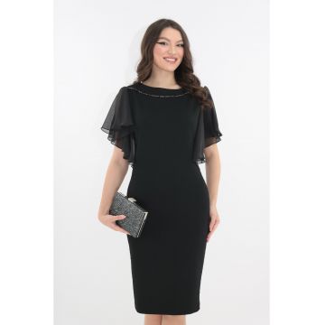 Rochie eleganta din brocard negru cu maneci ample din voal