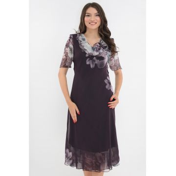 Rochie eleganta din voal violet cu flori gri