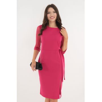 Rochie eleganta fucsia cu maneci din tulle si cordon in talie