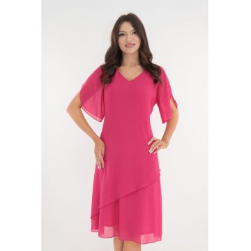 Rochie eleganta fucsia cu voaluri asimetrice suprapuse