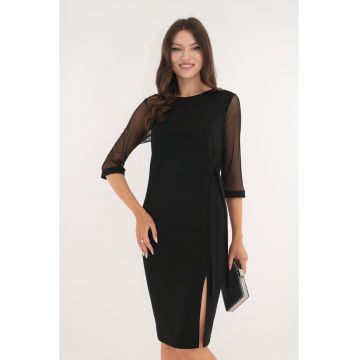 Rochie eleganta neagra cu maneci din tulle si cordon in talie