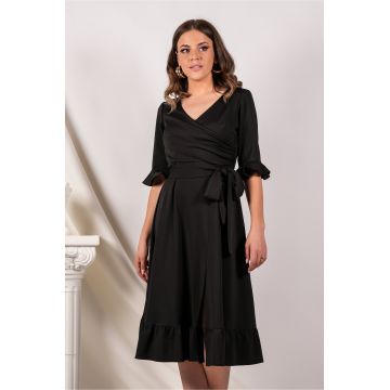 Rochie Ella Collection Arina neagra cu volane si cordon in talie