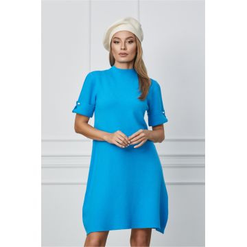 Rochie Ilinca albastra din tricot cu nasturi la maneci