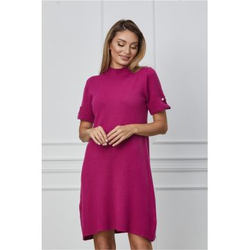 Rochie Ilinca magenta din tricot cu nasturi la maneci