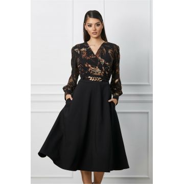 Rochie Mara neagra cu imprimeu aramiu la bust si cordon in talie
