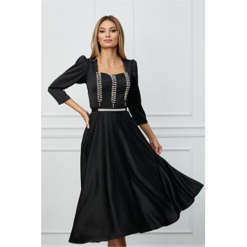 Rochie Mara neagra din satin cu strasuri pe bust