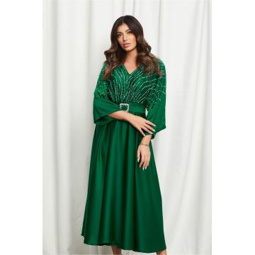 Rochie Mara verde cu strasuri pe bust si curea in talie