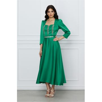 Rochie Mara verde din satin cu strasuri pe bust