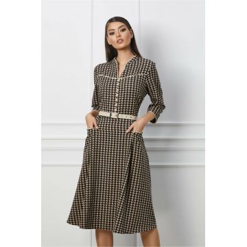 Rochie Maria bej cu imprimeu pepit negru si curea in talie