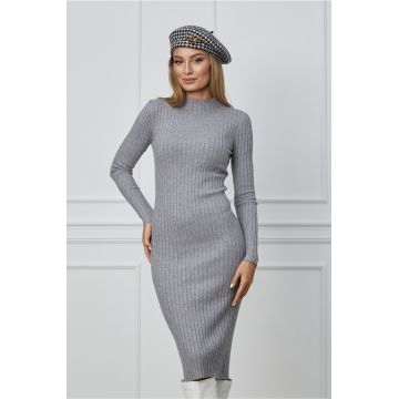Rochie Maria gri casual din tricot reiat