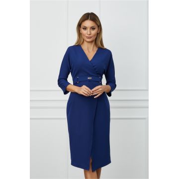 Rochie Maria office bleumarin cu aspect petrecut si curea in talie