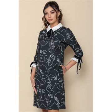 Rochie MBG neagra cu imprimeuri si guler alb