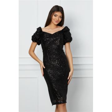 Rochie MBG neagra din paiete cu maneci scurte bufante