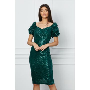 Rochie MBG verde din paiete cu maneci scurte bufante