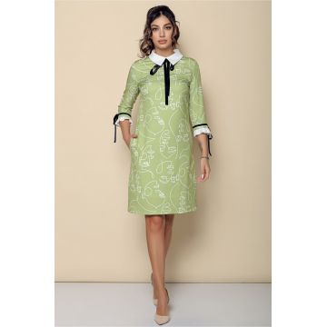 Rochie MBG verde fistic cu imprimeuri si guler alb