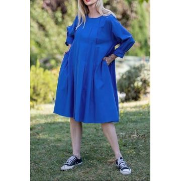 Rochie midi albastra cu pliuri in fata si spate, din poplin de bumbac