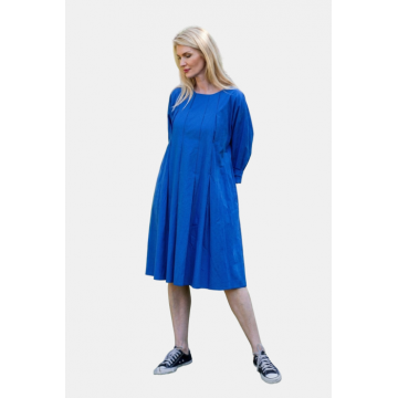 Rochie midi albastra cu pliuri in fata si spate, din poplin de bumbac