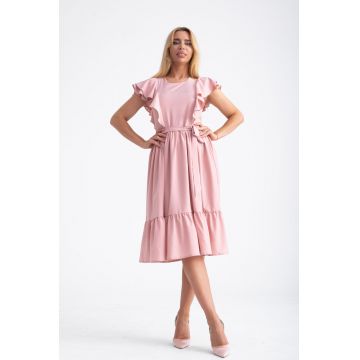 Rochie midi roz cu volane si cordon in talie L (40) Rochie midi roz cu volane si cordon in talie L (40)